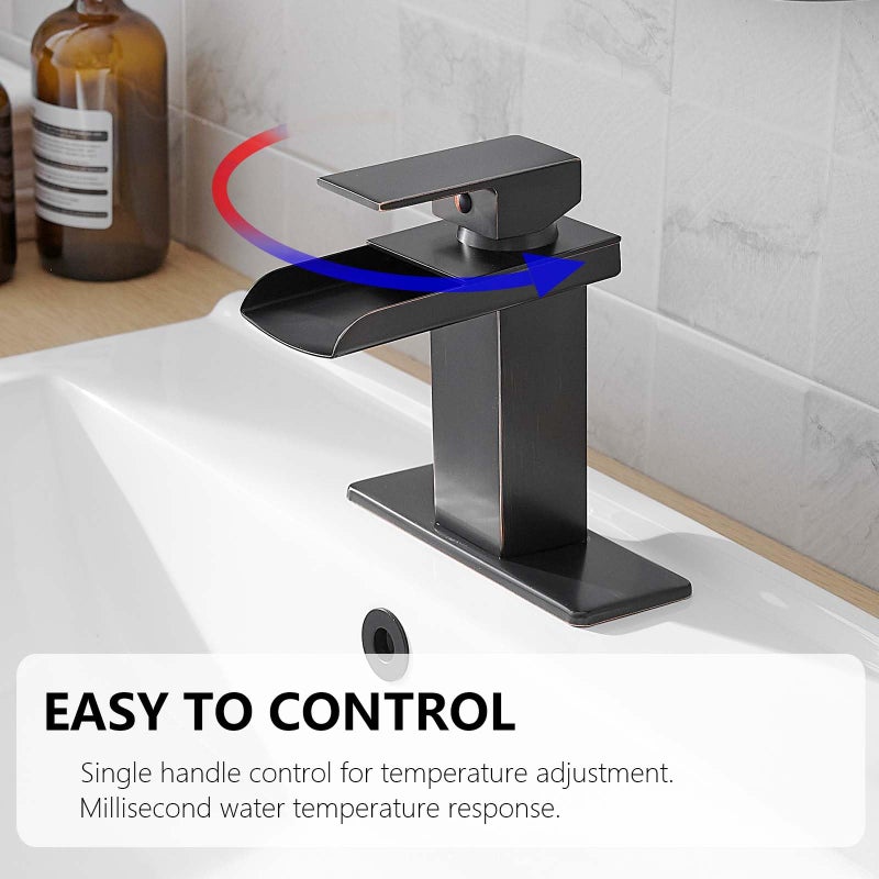 BATHLAVISH Oil Rubbed Bronze Waterfall Bathroom Faucet Single Hole Bathroom Sink Faucet Modern Single Handle Vanity Lavatory Faucets with Pop Up Drain Lavatory Mixer Tap - Image 2